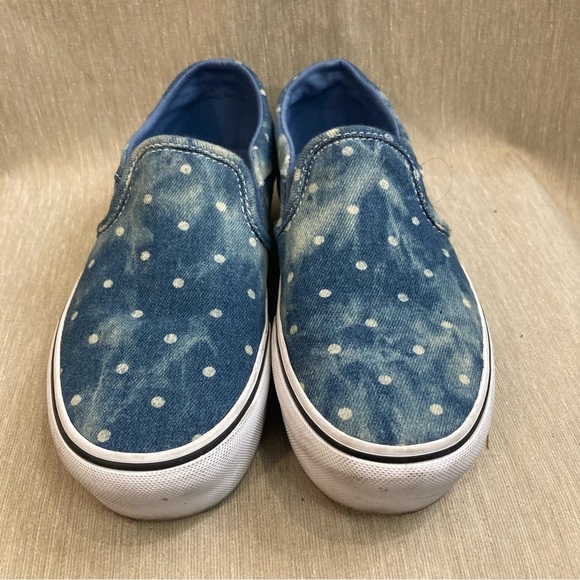 VANS OFF THE WALL Sz 8 Asher Denim Moonlight White Polka Dots Slip On Shoes - Picture 3 of 10